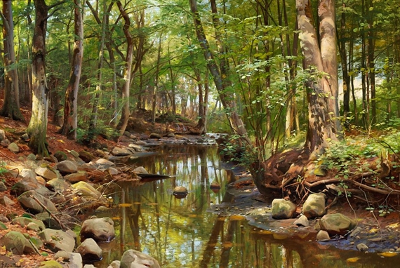 Woodland scene with a stream by Peder Mork Monsted, 1925