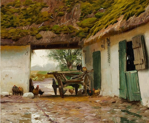 A cart in a gateway of a farm by Peder Mork Monsted, 1918