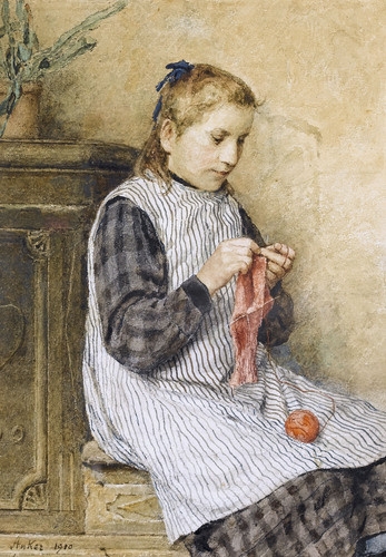 Albert Anker | Strickendes Mädchen am Ofen (1910) | MutualArt