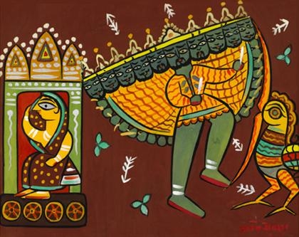 RAVANA HOLDS SITA WHILE BATTLING JATAYU by Jamini Roy