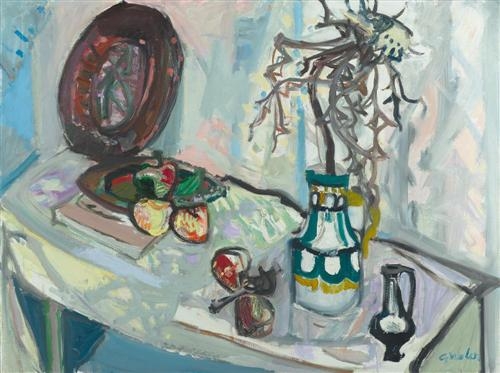 Still life with thistle, fruits and plate by Max Gubler, 1954