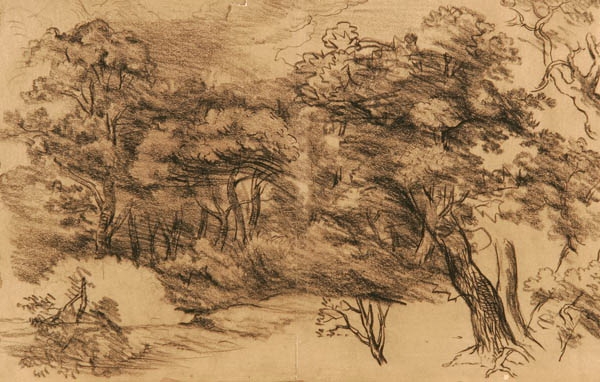 Artwork by John Constable, Wooded Landscapes with Figures, Made of Black crayon on paper