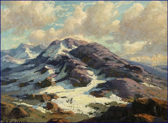 High Sierras depicting a view of sunlit peaks and snow by Paul Grimm, 1941