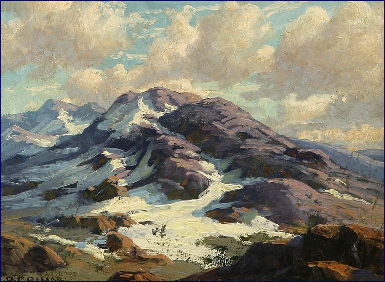 Artwork by Paul Grimm, High Sierras depicting a view of sunlit peaks and snow, Made of oil on canvas laid to board