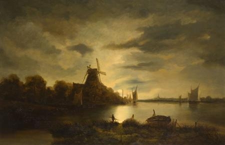 AN INLAND WATER-WAY WITH WINDMILL AND BOATS BY MOONLIGHT by John Berney Crome