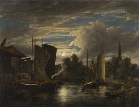 BOATS ON THE RIVER WENSUM BY MOONLIGHT by John Berney Crome