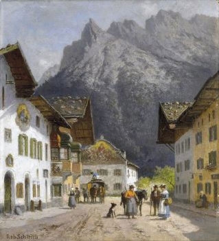 Arrival of the post coach in the valley by Robert Schleich