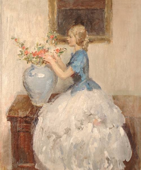 Woman tending to flowers in a vase by Walter Ernest Webster