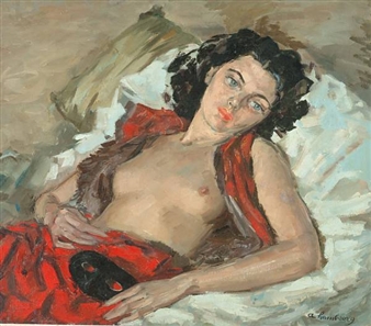 Reclining semi-nude woman - André Hambourg