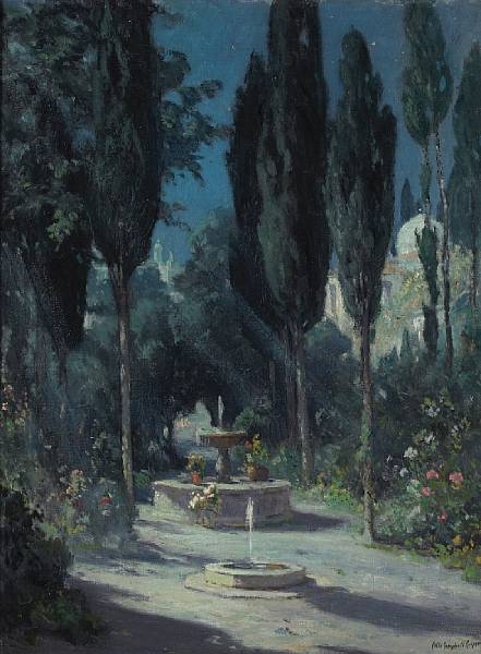 Artwork by Colin Campbell Cooper, A Garden in Granada in the Moonlight, Made of oil on canvas