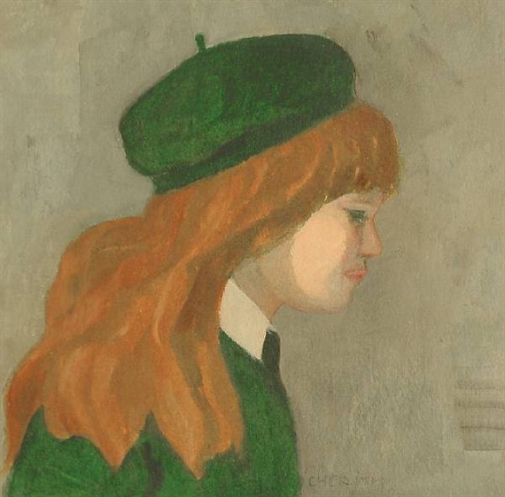 Cherith McKinstry Portrait of girl in green beret MutualArt