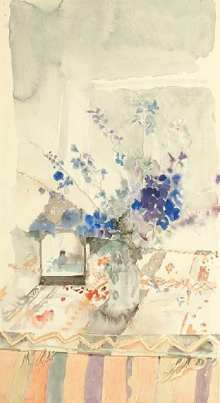 Still life with vase of flowers on a table by Patrick Procktor, 1969