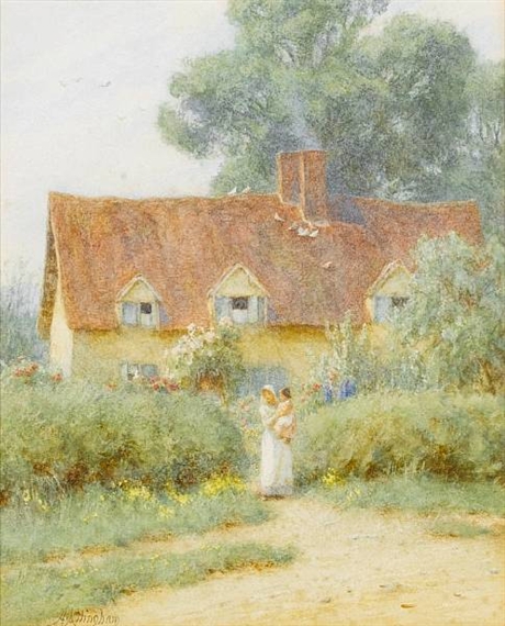 A mother and child outside a country cottage by Helen Allingham