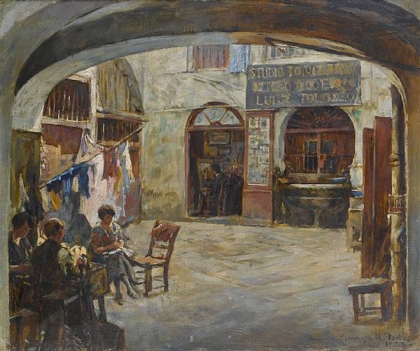 Figures in an Italian courtyard, outside the studio of Luigi Tolomeo by Stanhope Alexander Forbes, 1923