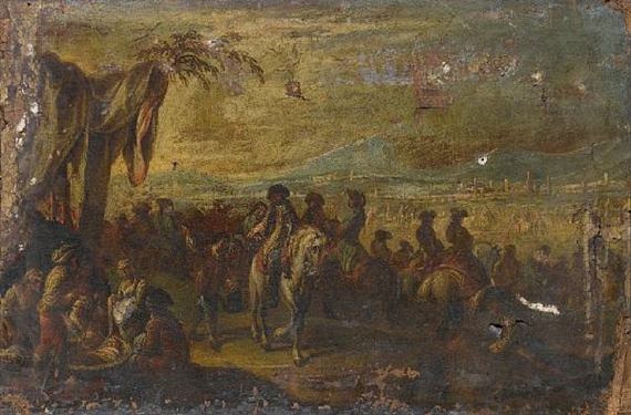 Soldiers on horseback passing through a military encampment by Francesco Simonini