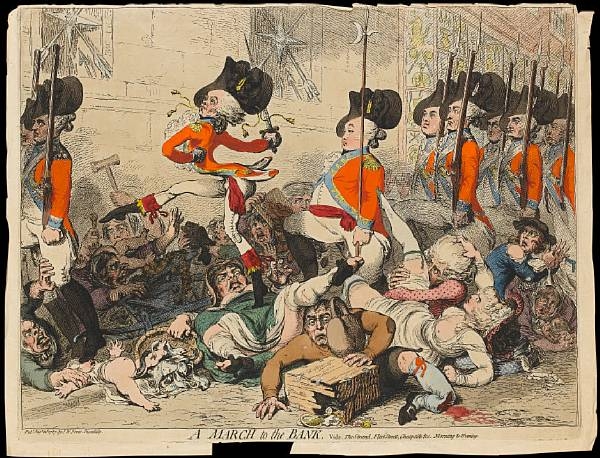 Artwork by James Gillray, A March to the bank vide. The Strand, Fleet Street, Cheapside &c. Morning & Evening