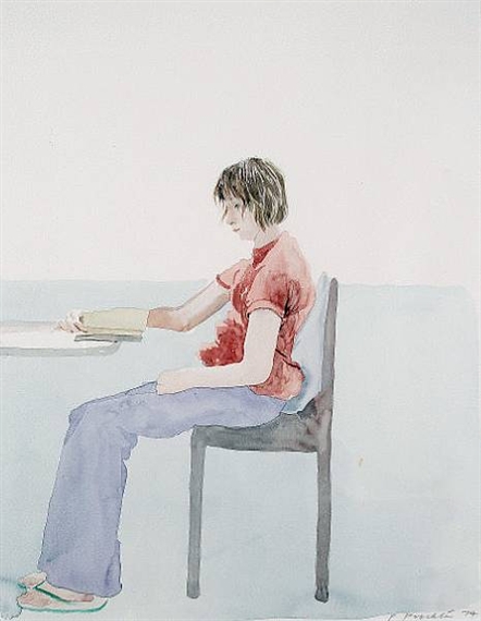 Woman in green flip flops, reading by Patrick Procktor, 1974