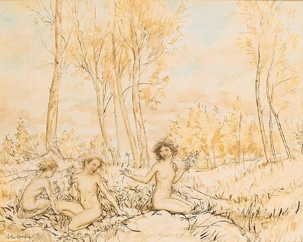 Arthur Rackham | Three wood nymphs gathering flowers in a wood | MutualArt