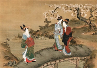 PARODY WITH COURTESANS OF THE 'THREE LAUGHERS OF TIGER VALLEY' - Shunko Katsukawa