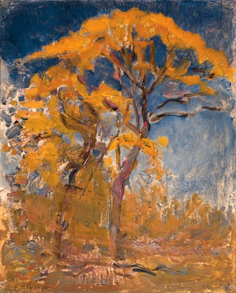 Piet Mondrian | Two trees with orange foliage against blue sky | MutualArt
