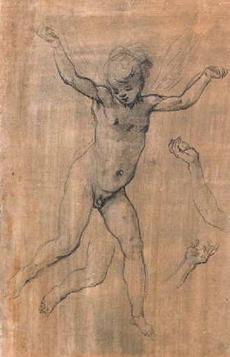Artwork by Jacopo Chimenti, An angel in flight, arms outstretched, with subsidiary studies of the arms and right leg