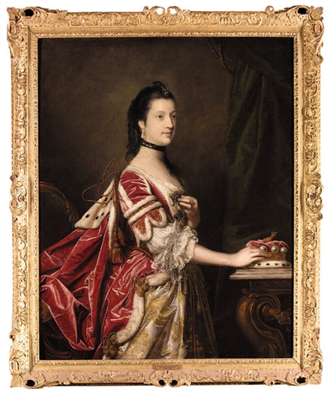 Portrait of Elizabeth, Duchess of Northumberland, three-quarter-length, in coronation robes, her right hand resting on her coronet, by a draped curtain by Sir Joshua Reynolds
