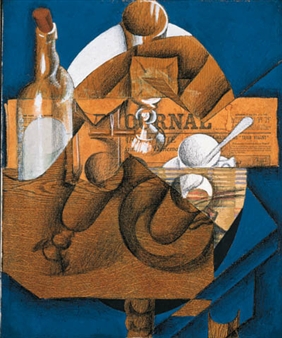Tasse, verres et bouteilles (Le journal) - Juan Gris