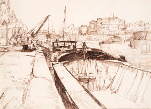 Artwork by Robert Colquhoun, Loading Barges on the Seine
