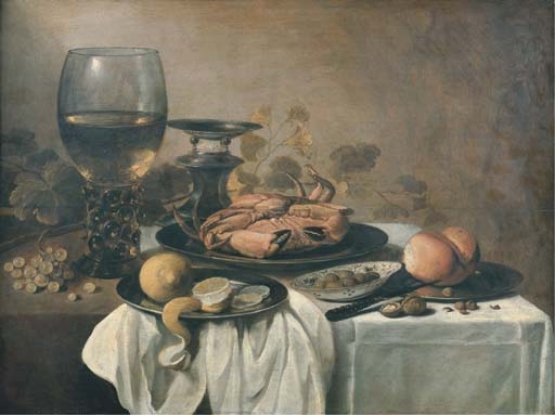 A crab on a pewter plate, a roemer, a partly-peeled lemon on a pewter platter, a bowl of olives, a bread roll and a knife on a pewter plate with grapes, walnuts and hazelnuts on a partly-draped table by Pieter Claesz, 1636