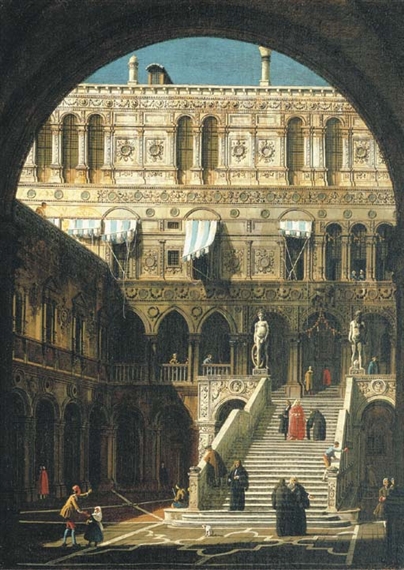 The courtyard of the Ducal Palace, Venice, with the Scala dei Giganti from underneath the Arco Foscari by Canaletto