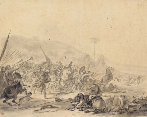 A battle scene with trumpets blowing the retreat by Hendrick Verschuring, 1662