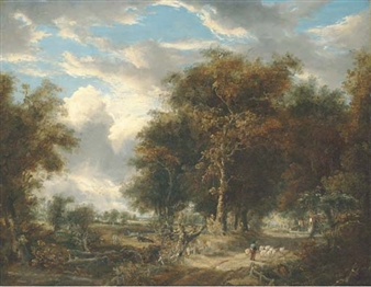 A wooded landscape with a shepherd and sheep on a path - John Berney Crome