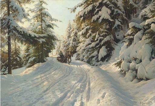 Artwork by Peder Mork Monsted, Winter landscape with a timber sled, Made of oil on canvas