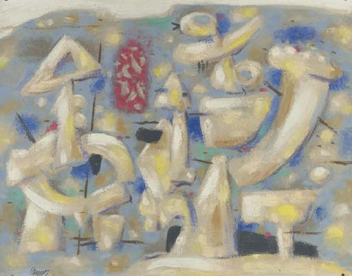 Artwork by Willi Baumeister, Figuren auf Blau, Made of tempera on board
