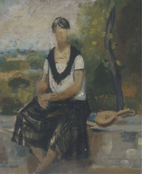 A young girl with a lute seated on a stone wall by Roger Bissière