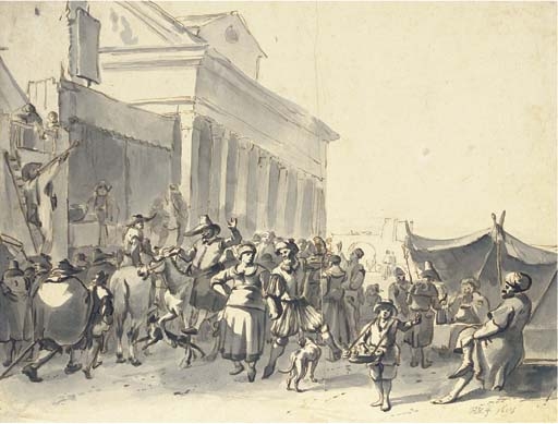 A crowd watching actors in an outdoor theater, with a couple dancing, a classical portico beyond by Hendrick Verschuring, 1685