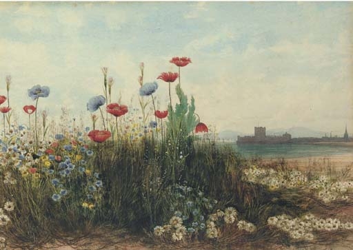 Artwork by Andrew Nicholl, Poppies and daisies with Carrickfergus Castle, Co. Antrim in the distance, Made of pencil and watercolour with gum arabic, heightened with touches of bodycolour and with scratching out
