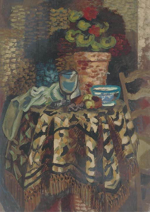 Artwork by Roger Bissière, GERANIUMS ON A TABLE, Made of oil on board