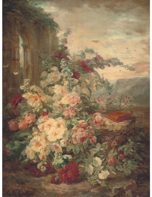 Artwork by Simon Saint-Jean, A book on a plinth by a rose bush at the ruins, Made of oil on canvas