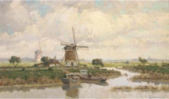 Bij Voorschoten: windmills in a polder landscape - Gerardus Johannes Delfgaauw