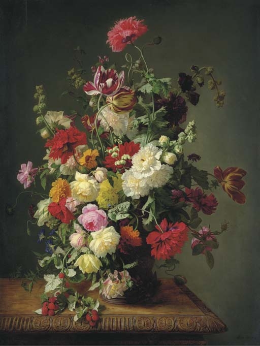 Artwork by Simon Saint-Jean, A Still Life of Roses, Tulips, Peonies, Carnations, Hollyhocks, Morning Glories, Dahlias and Raspberries in an Urn on a Carved Wooden Table, Made of oil on canvas