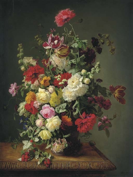A Still Life of Roses, Tulips, Peonies, Carnations, Hollyhocks, Morning Glories, Dahlias and Raspberries in an Urn on a Carved Wooden Table by Simon Saint-Jean, 1845