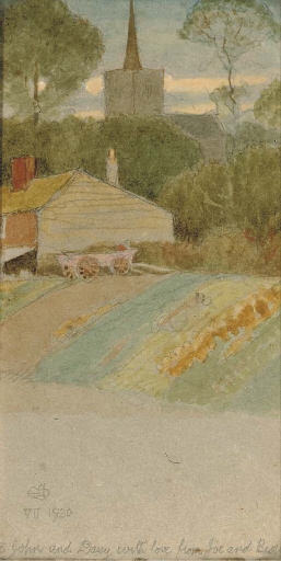 Cart by a house; Farm and church; House in the trees; and Canal with Barge by Joseph Edward Southall, 1930