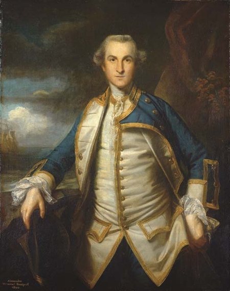 Portrait of Captain Alexander Hood, later 1st Viscount Bridport (1726-1814), three-quarter-length, in Captain's undress uniform, a cocked hat in his right hand, a man-o'-war at sea beyond by Sir Joshua Reynolds, 1800