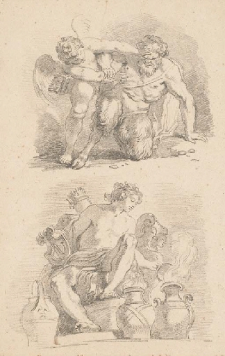 Cupid fighting a satyr and Mercury seated on a throne lifting the lid of an urn, after the old masters