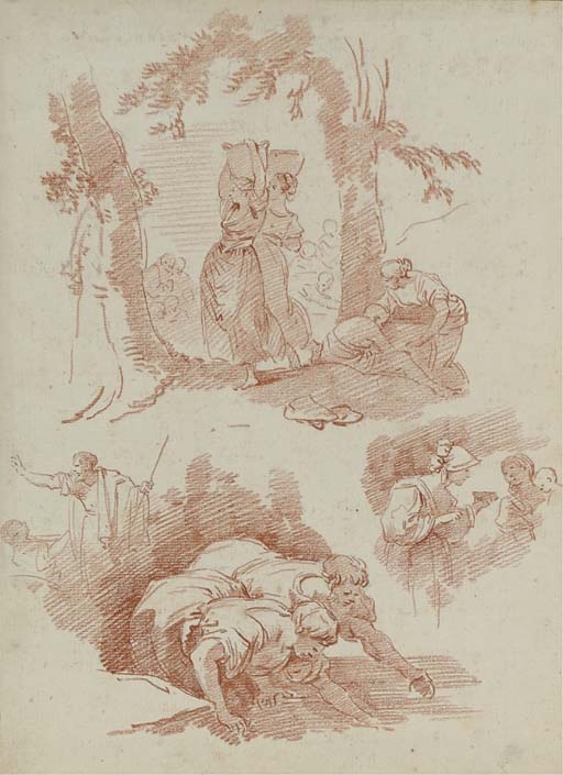 Artwork by Jean-Honoré Fragonard, Two women carrying baskets, two figures collecting water and two other studies, after the old masters, Made of red chalk