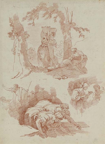 Two women carrying baskets, two figures collecting water and two other studies, after the old masters by Jean-Honoré Fragonard