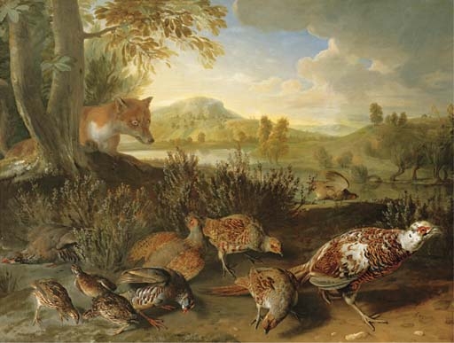 English and French partridge, a covey of quail and an ornamental pheasant disturbed by a fox, on a riverbank by Alexandre-François Desportes, 1711