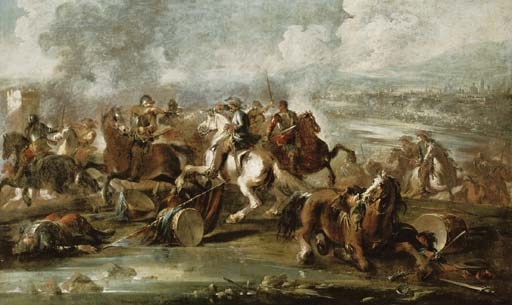 A cavalry skirmish on a riverbank, a city beyond by Francesco Simonini