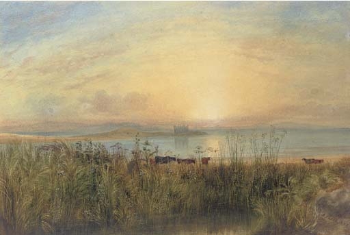 A lake landscape with cattle grazing and a castle beyond by Andrew Nicholl
